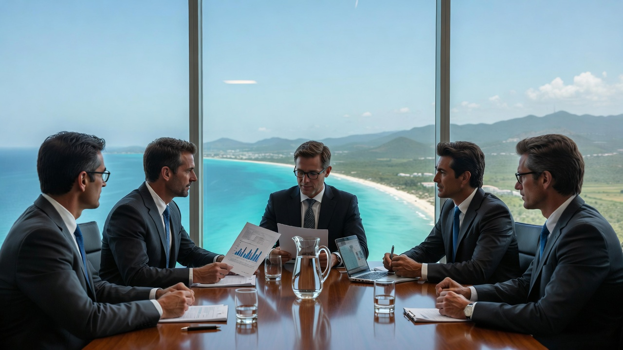 Business offshore banking consultation at First Anguilla Trust, reviewing international account setup and global operations strategy